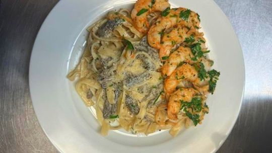 End of the Road Recipes: Morel Pasta with  Grilled Shrimp