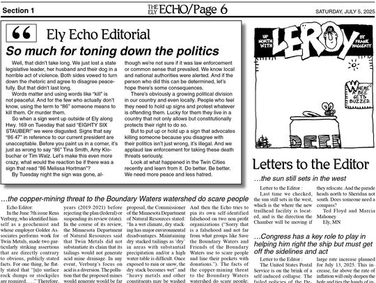 Ely Echo Editorial: So much for toning down the politics