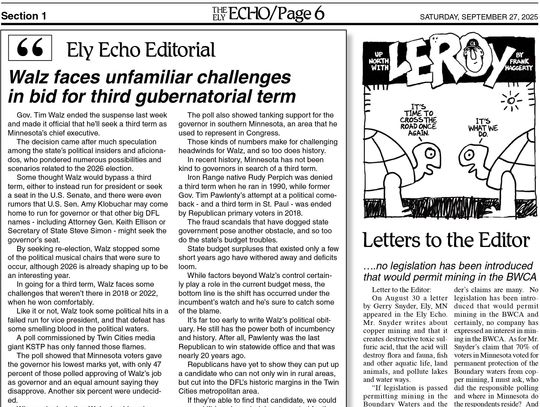 Ely Echo Editorial: Walz faces unfamiliar challenges in bid for third gubernatorial term