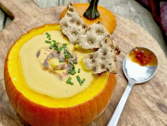 End of the Road Recipes: Roasted Pumpkin Gjetost Soup with Lingonberry Chili Crisp