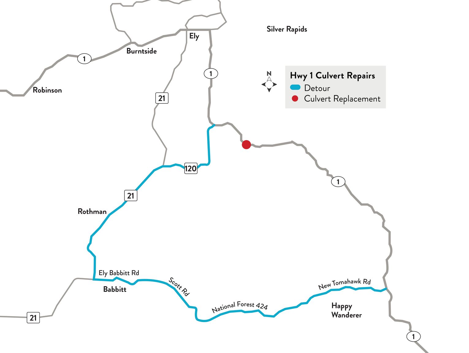 Highway 1 culvert replacement east of Ely now starts Sept. 24